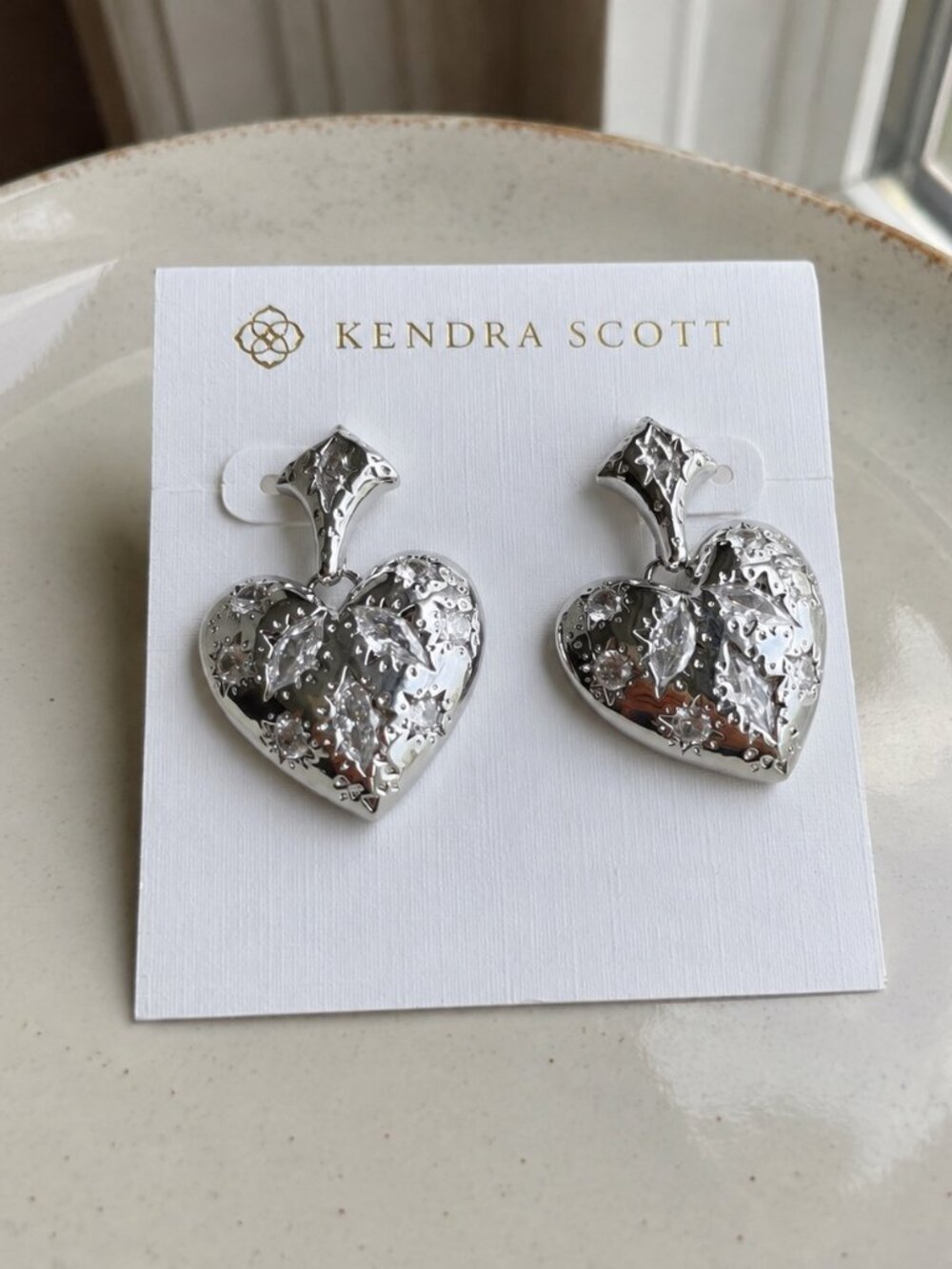 Kendra Scott Holland Heart Drop Earrings Silver White CZ Dangle Romantic】